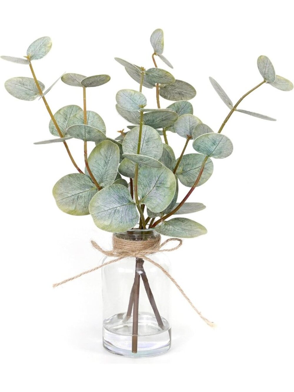 3Pcs Artificial Eucalyptus Stems in Glass Vase with Faux Water - Perfect
